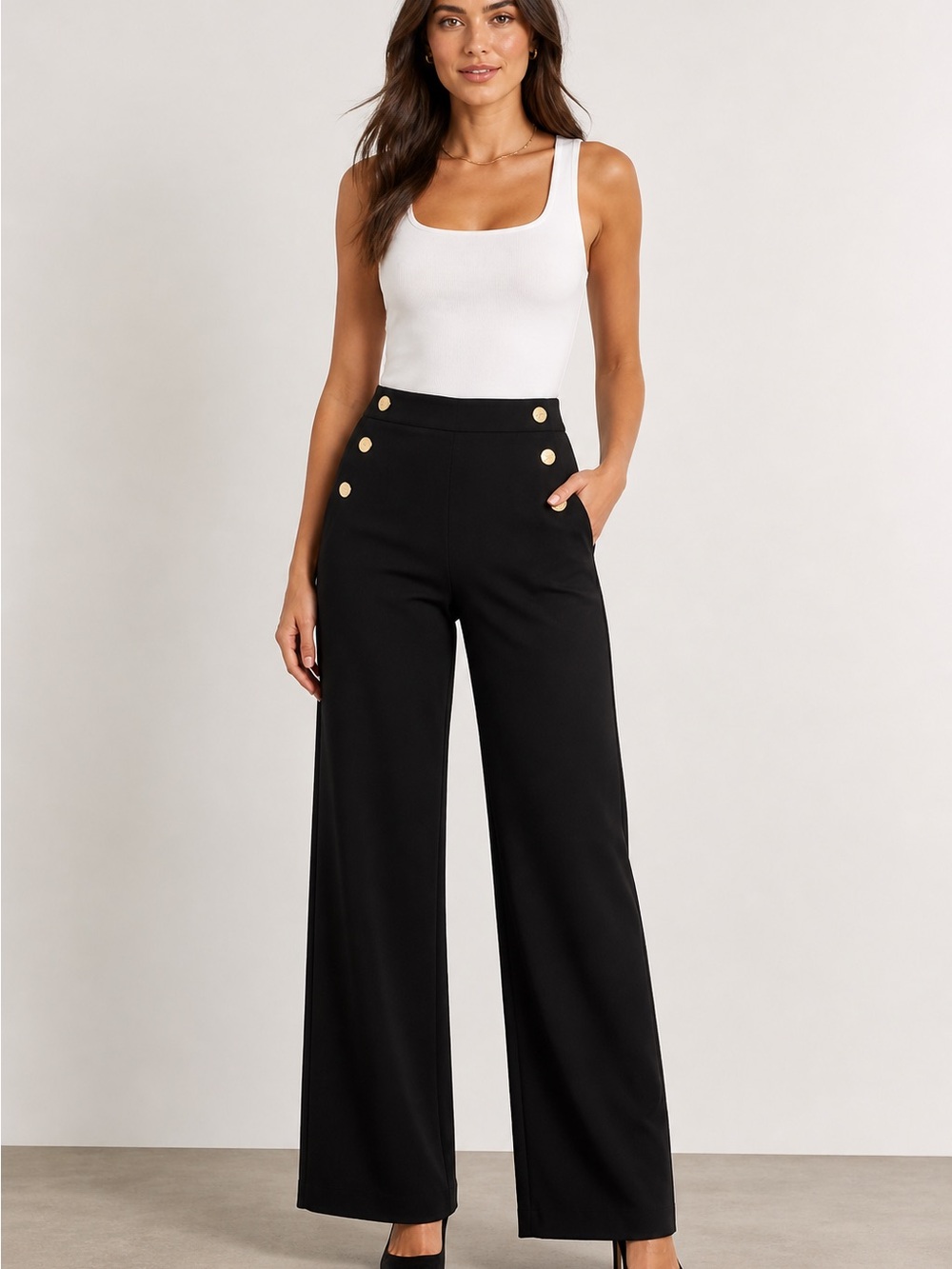 SPANX Black High-Waist Straight-Leg Sailor Pants with Gold Buttons